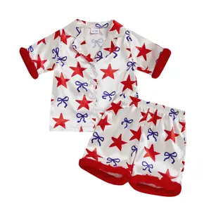 Toddler Girl 4th of July Pajamas Set Star Bow Print Lapel Plush Cuffs Short Sleeves Button Down Shirt Top Elastic Shorts Summer Satin Sleepwear