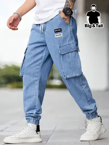 Men's large-sized, Loose casual workwear Denim jeans with flap pockets and drawstring design, solid color, simple style, versatile for all seasons and various occasions