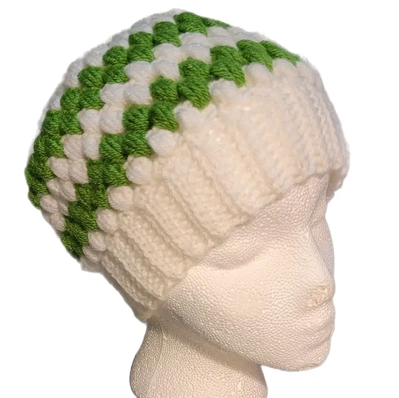 White and Green Puff Stitch Beanie for Women
