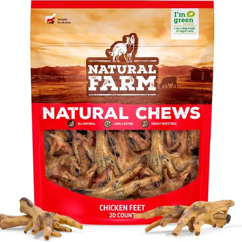 Natural Farm Free-Range Chicken Feet Dog Treats - 20-Pack, Crunchy, Low Odor, Fully Digestible, Joint Support Supplement with Glucosamine & Chondroitin, Senior Dog-Friendly, Healthy Gums Support, Monitor Chew for Feeding