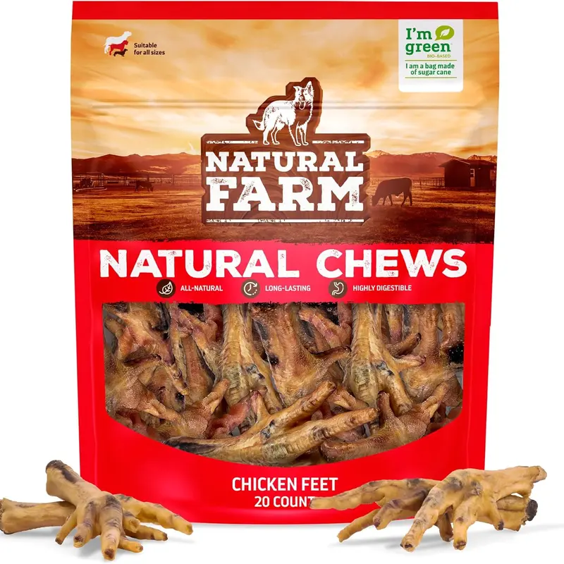 Natural Farm Free-Range Chicken Feet Dog Treats - 20-Pack, Crunchy, Low Odor, Fully Digestible, Joint Support Supplement with Glucosamine & Chondroitin, Senior Dog-Friendly, Healthy Gums Support, Monitor Chew for Feeding