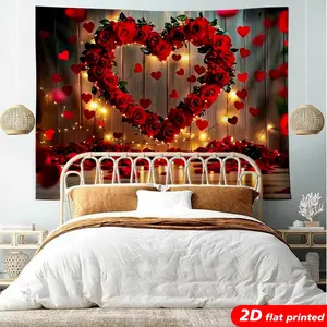Red Rose Heart Tapestry Wall Hanging, Romantic Valentine's Day Floral Design, 2D Flat Printed Backdrop for Bedroom Living Room, Anniversary Decor, Valentine's Gift for Her