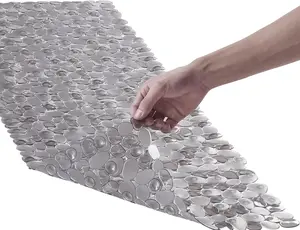 Bath Shower Mat Extra Large Pebble Non-Slip Mat for Kids, Elderly, Anti-Slip Shower Matt with Drain Holes, Suction Cups, 16 X 40 Inch Clear Grey