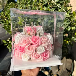 Pink Preserved Flowers Bouquet for Women - Birthday Gift with Crown, Includes Pink Flowers in Clear Display Box