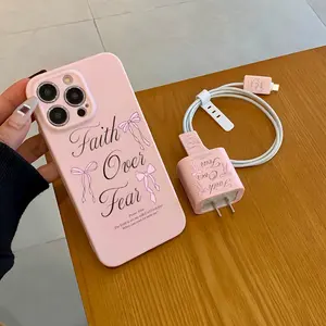 5 Piece Set: Letter Bow Phone Case, Charger Protection Case, Data Line Protection Cases, Cable Tie, Fits iPhone Models