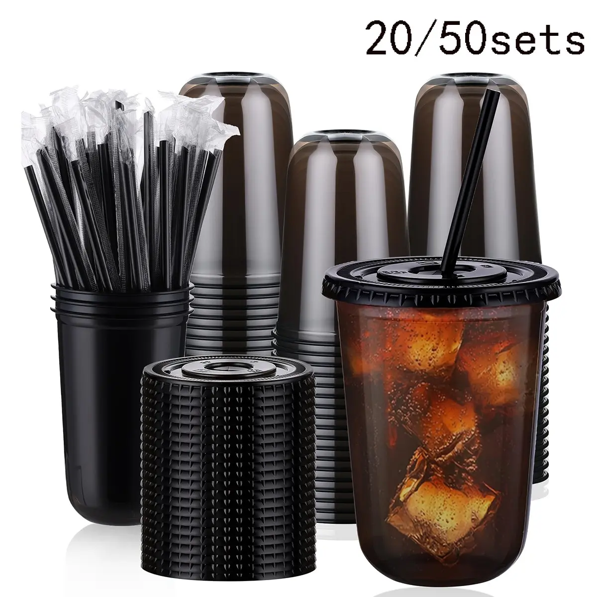 20/50 Sets 16 oz Clear Plastic Tumbler Cups with Lids and Straws, Bulk Plastic Cups, Disposable Cold Drink Cups for Ice Coffee, Milk Tea, Smoothies, Party Activities, Party Supplies