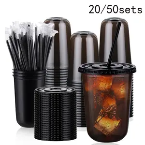 20/50 Sets 16 Oz Plastic Clear Cups with Lids and Straws, Drinking Cups, Disposable Cold Drink Cups for Ice Coffee, Milk Tea, Smoothies, Party Activities, Party Supplies