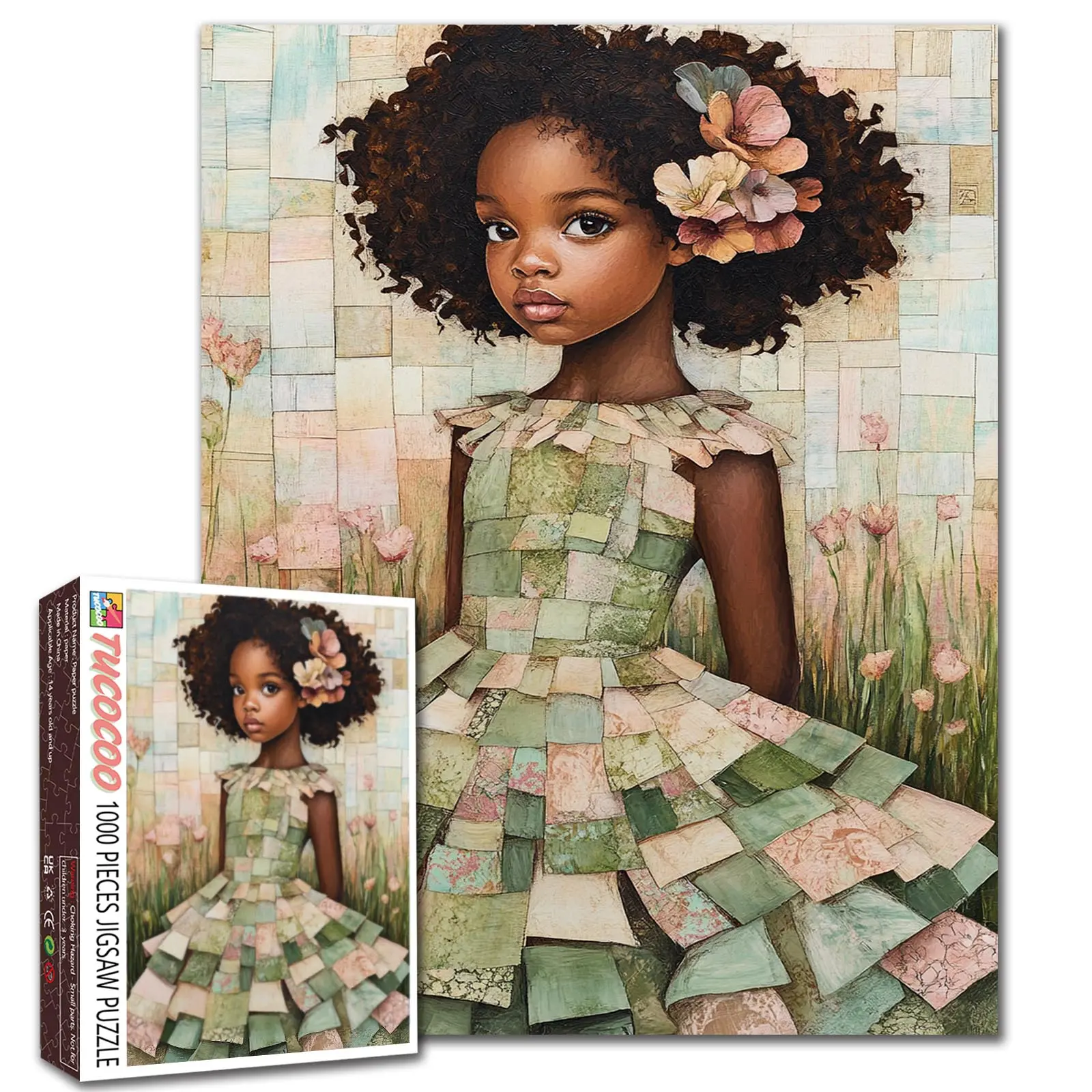 Tucocoo Floral Patchwork Girl 1000 Pieces Jigsaw Puzzle Black Girl Portrait Wildflower Meadow Vintage Cottagecore Artwork for Adults, Family Game Night, Stress Relief, Brain Challenge, Wall Decor Gift for Women, 27.5x20inch(70x50cm)