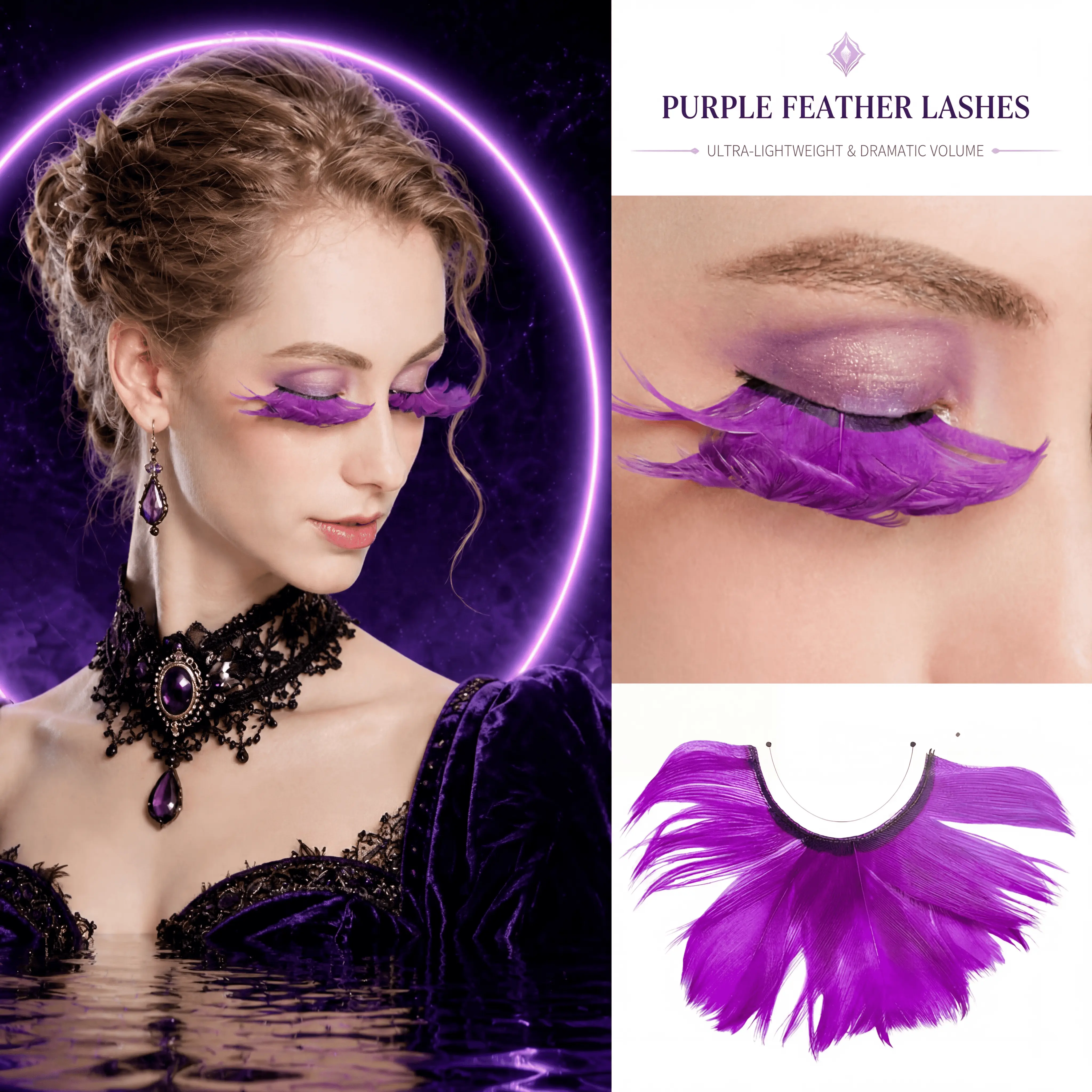 Dorisue Purple Petal Fan Feather Eyelashes — Theatrical Magical Girl False Lashes for Gothic Lolita, Dark Fantasy Cosplay