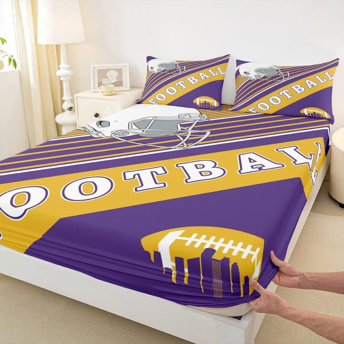 Football Fans Gifts Bedding Set,Football Themed Fitted Sheet,Rugby Sports Game Bed Sheets Graffiti Striped Sheets,Purple and Yellow