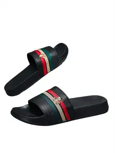 Three-Color Striped Skull Decorative Lightweight Sandals, Outdoor Anti-Slip Beach Slippers, Casual Sporty Flip Flops