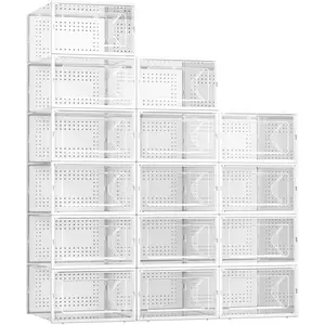 15 Pack Shoe Storage Boxes, Large Clear Plastic Stackable Shoe Organizer for Closet, Connect Left and Right Shoe Boxes Case Container Bin for Entryway, Drop Front, Fit for Size 10(White)