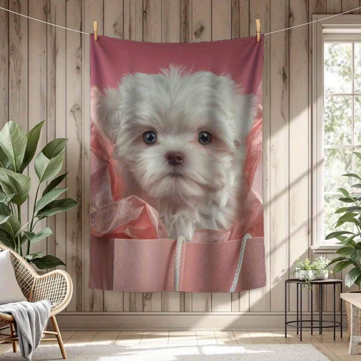 1 Piece Flannel Fabric Maltese Dog Print Blanket - Blush Pink, Lightweight, Durable, Contemporary Look, Sofa/Bed Accessory, Ideal Pet Lover Gift, Home Decor Item