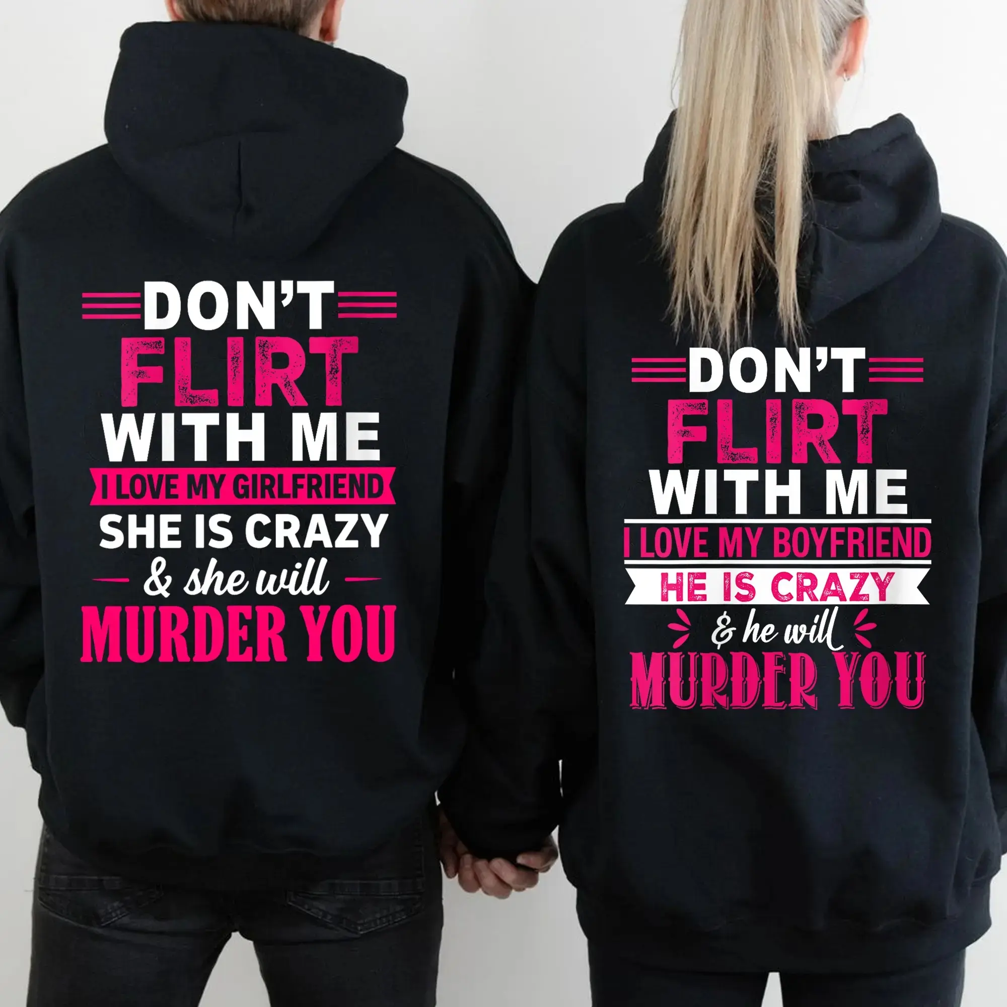 Unisex Couple Matching Hoodie Set - "Don’t Flirt with Me I Love My Partner" Print, Ribbed Yarn Fabric, Menswear & Womenswear Pullover, Perfect Anniversary Gift Clothes, Stretch, Classic, Seamless, Stylish, Casual, Pocket