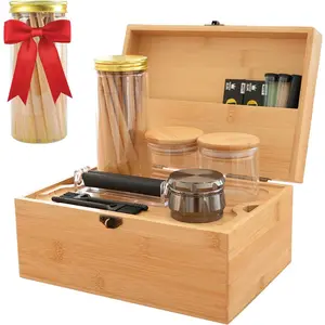 Large Bamboo Storage Box with Removable Tray Kit - Decorative Box Set, Glass Jars, Wooden Storage Accessories Tool, Birthday Gifts