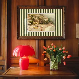 Vintage Positano Landscape Postcard Digital Art Print, Eclectic Wall Decor, Bold Striped Mixed Media Collage