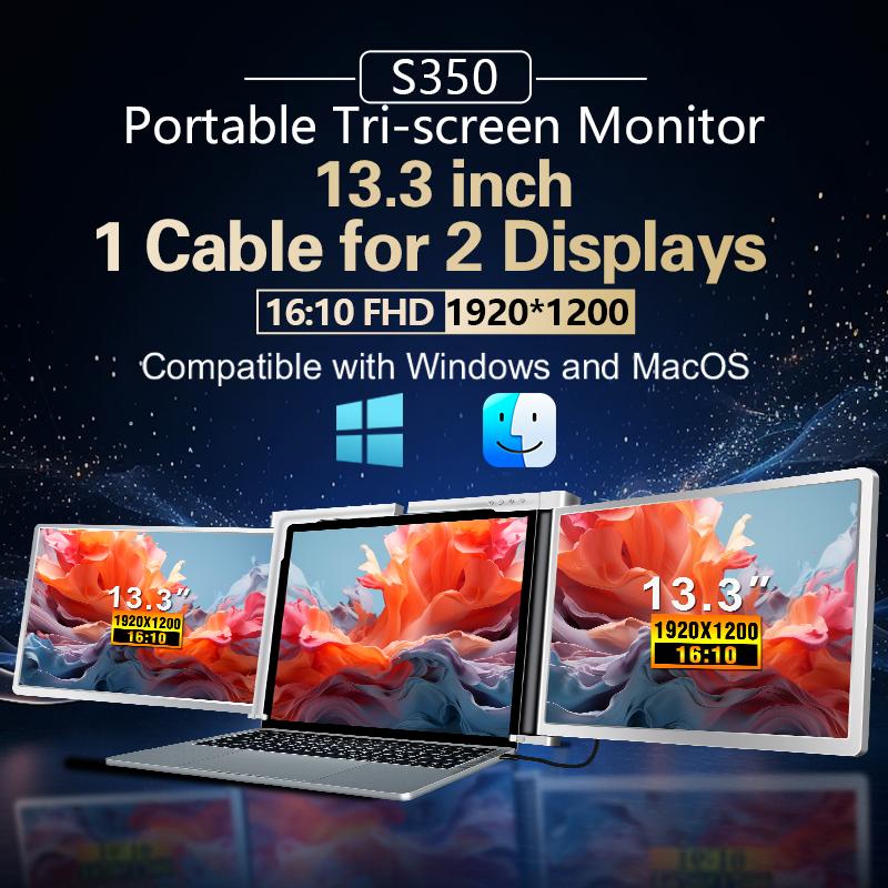 S350 Laptop Monitor Extender, 13.3" IPS Panel 1920x1200 FHD 1200P 60Hz Display, 1-Cable USB-C/USB-A External Monitor for Laptop Work, 1-Cable Easy Installation, Driver-Required First Setup, Compatible with Windows & Mac