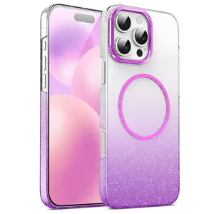Glitter Phone Case with Camera Lens Protector, Slim Gradient Sparkle Luxury Plating Shockproof Protective Cover, Phone Accessories for iPhone 16 Pro Max 15, Casing