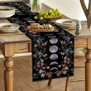 Bohemian Floral Moon Table Runner, Gothic Sun and Moon Design, 13x72 Inch Tablecloth, Restaurant and Kitchen Decor