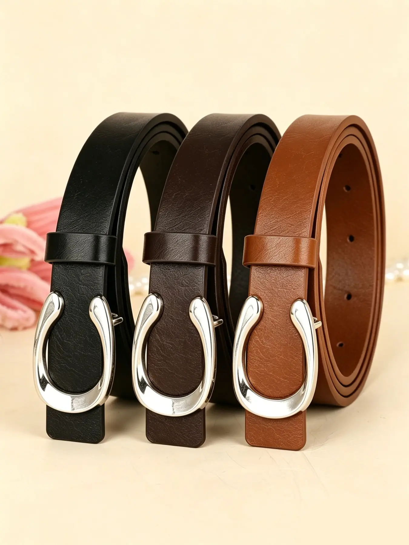 3 Pcs Women's PU Leather Belt Set, Design Belt, Casual Dress Belt, Casual Style Belts, Adjustable Silver Color Buckle, Versatile Fashion Accessory for Jeans, Dresses, Business