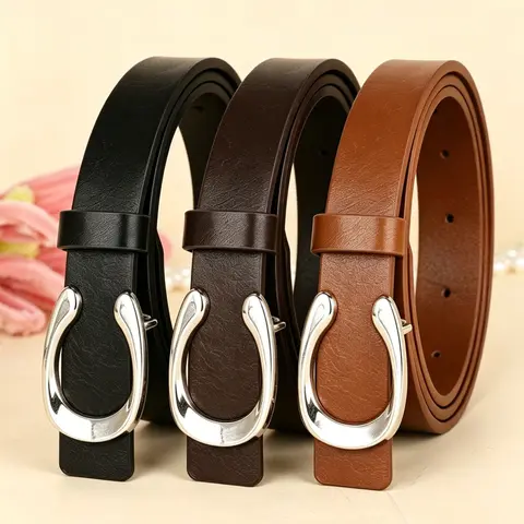 Women's 3 Pcs PU Leather Belt Set, Casual Style Belts, Adjustable Silver Buckle, Versatile Fashion Accessory for Jeans, Dresses and Business Occasions
