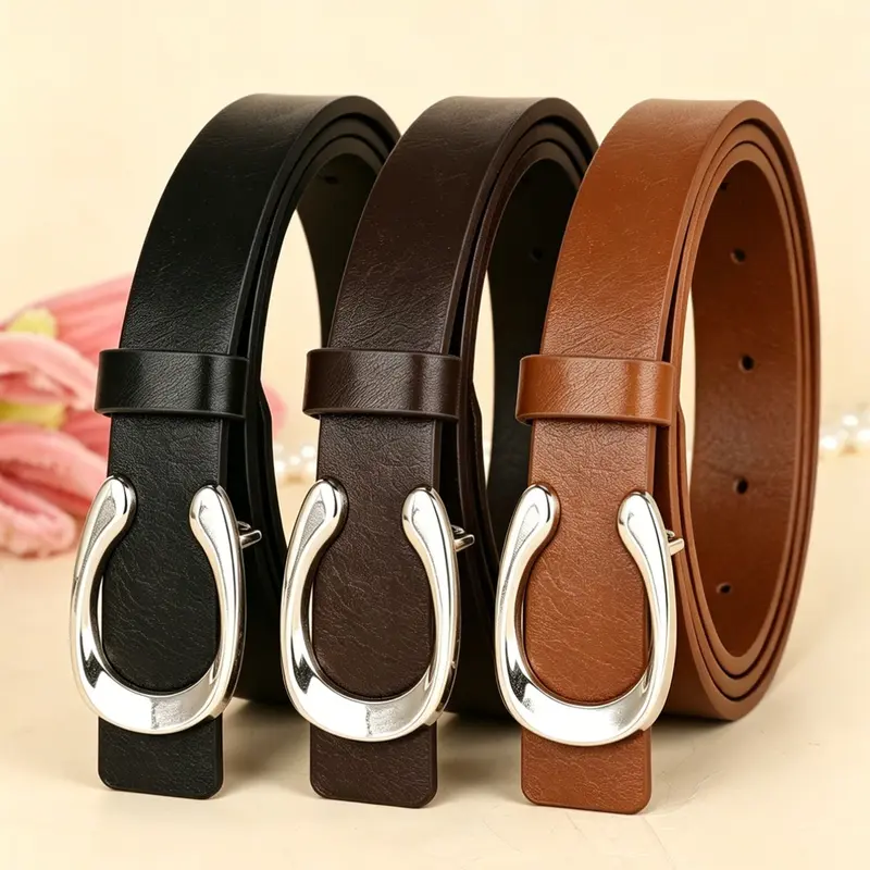 Women's 3 Pcs PU Leather Belt Set, Casual Style Belts, Adjustable Silver Buckle, Versatile Fashion Accessory for Jeans, Dresses and Business Occasions