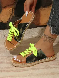 Trendy Camouflage Patchwork Lazy Half Sandals, Fluorescent Laces, Straw Rope Trim, Comfortable Anti-Slip, Casual Streetwear