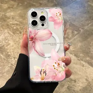 Trendy Magnetic Case for iPhone11/12/13/14/15/16/promax, Scripture Lily Flower Ultra Slim, MagSafe Support, Shockproof Playful & Fun Style