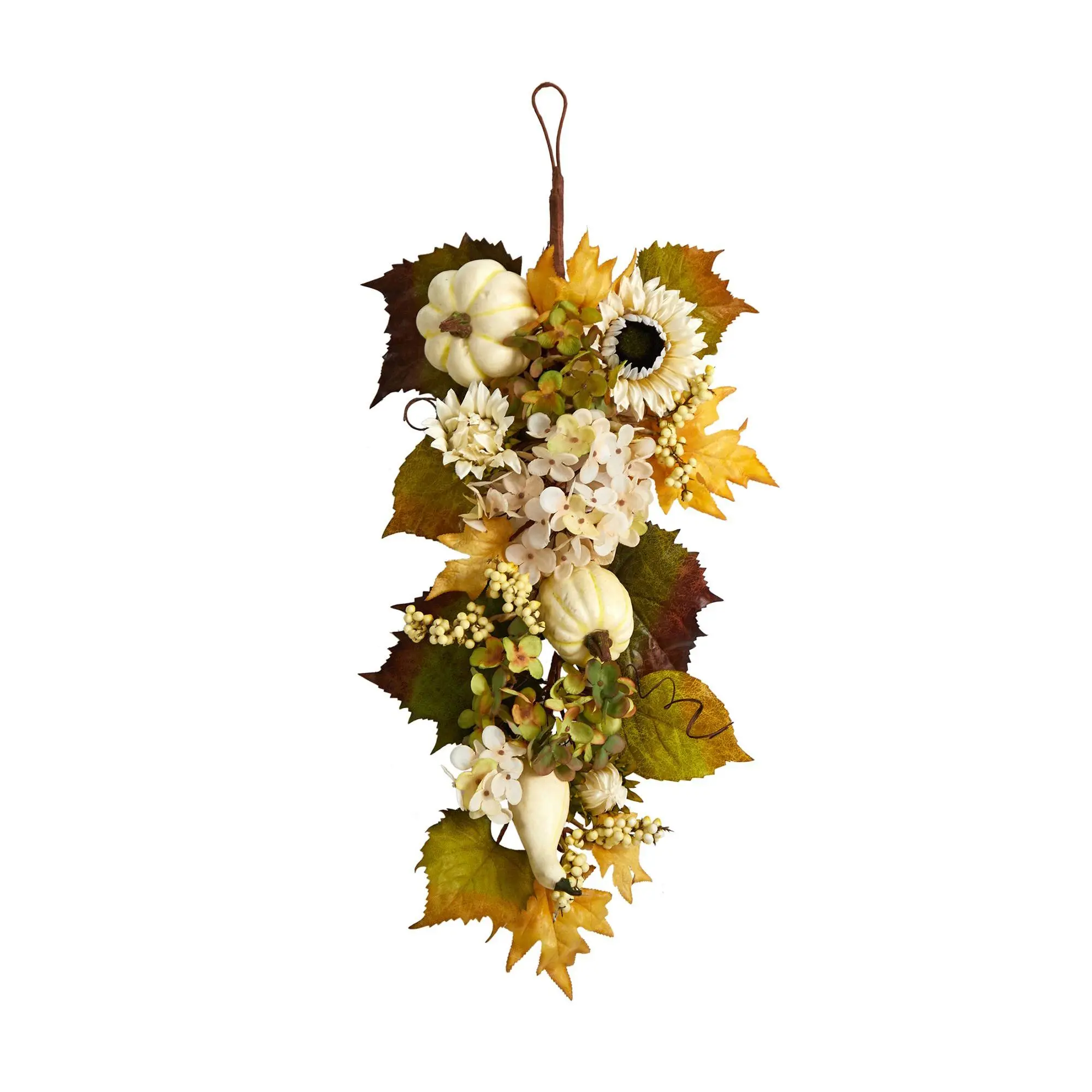 Nearly Natural 33" Fall Sunflower & White Pumpkin Teardrop