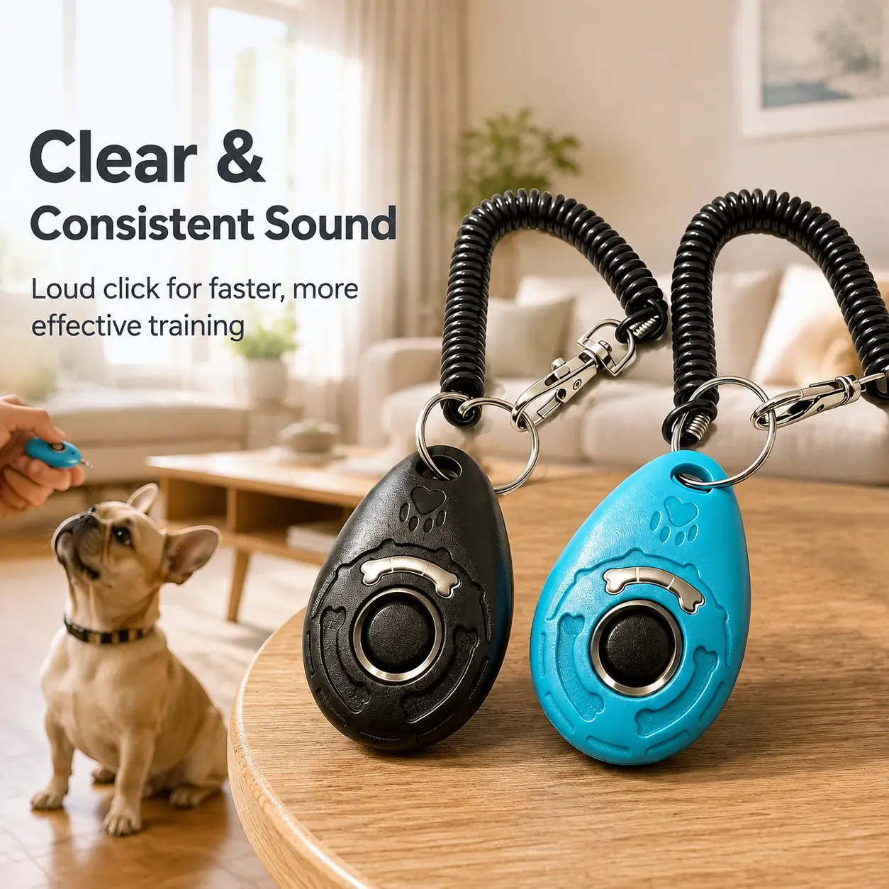 Pet Training Clicker Tool with Spring Wrist Strap & Keyring, Handy Behavior Aid for Puppy Potty Training, Dogs, Cats & Birds