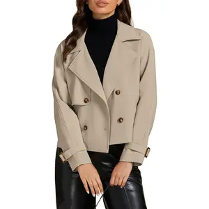Cropped Trench Coat for Women Long Sleeve Double Breasted Notched Lapel Casual Loose Fit Jackets with Pockets