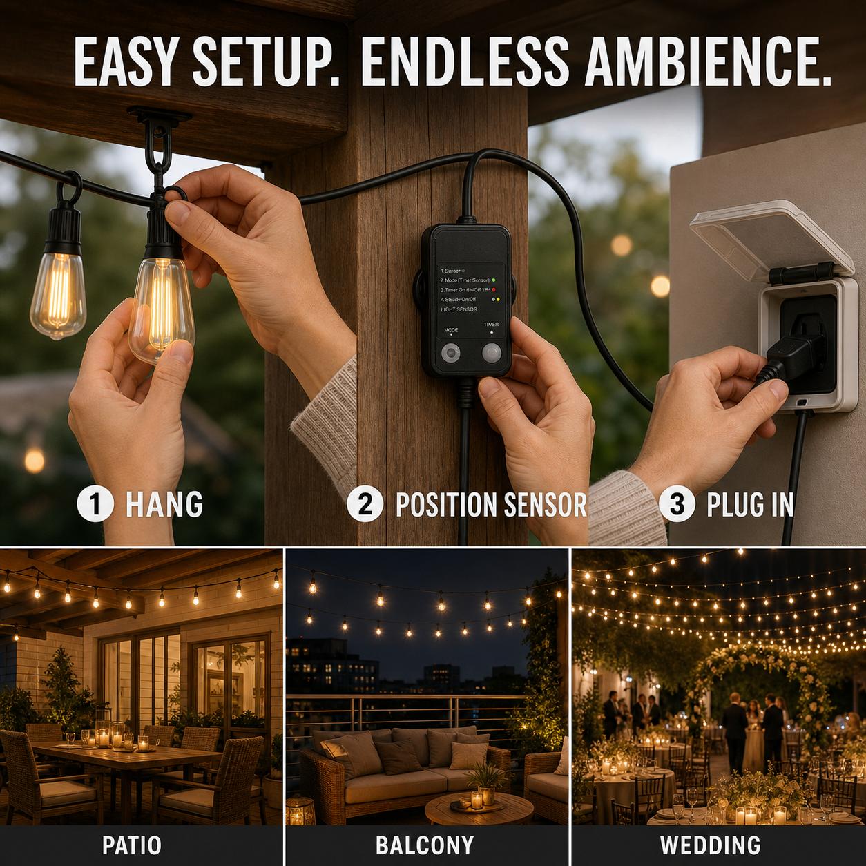 ECHOSARI 200ft Length ST38 Outdoor String Lights, Dusk-to-Dawn Sensor & Timer Control, Warm White Plug-In, IP65 Shatter-Resistant Plastic Bulbs, Backyard Lighting for Patio, Home Decor