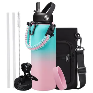 40/64OZ Insulated Water Bottle with Straw Lids, Auto Spout Lids, Paracord Handle for Sport, Protective Cup Mat, BPA-Free Reusable Insulated Water Bottle - Black Water Jug with Straw