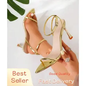 Women's Fashion Black Satin Gold Ankle Strap Pointed Toe Plated High Heel Formal Sandals, Suitable For Evening Gala Girl Walking Shoes