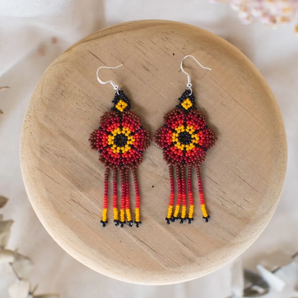 Dahlia - Native Beaded Earrings with Red Floral Design - Handmade by Mexican Artisans - Mother Sierra