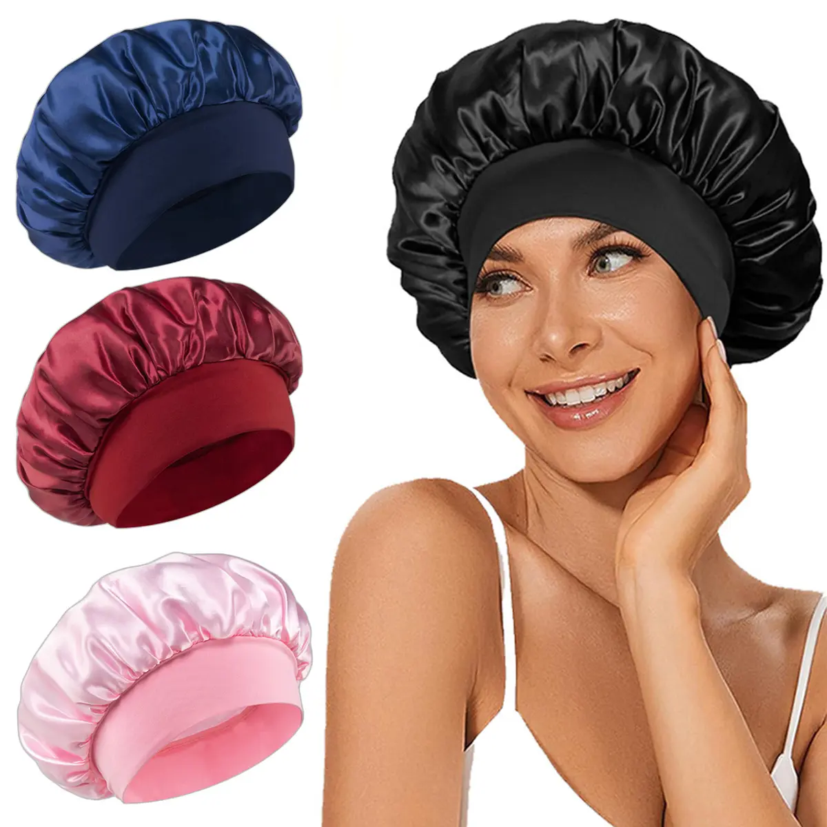 Luxury Satin Hair Bonnet - High Elasticity Wide Band Headband, Protective Sleep Accessory for Women, Comfortable Home Use Hair Care Item, Hair Bonnets Hair Styling Cap Salon Supplies Hair Care Tool Black
