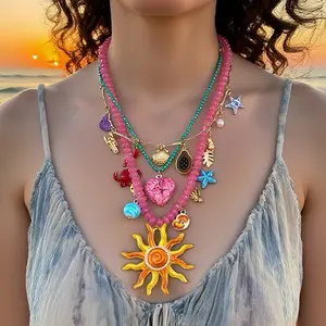 Dopamine Colorful Multi Layer Ocean Charm Necklace Sun Face Pendant Beaded Choker for Beach Vacation herringbone
