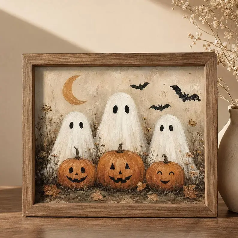 No Frame - Farmhouse Ghost Halloween Wall Art, Vintage Pumpkin and Bat Print, Rustic Fall Decor, Spooky Autumn Artwork