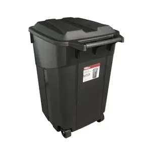 Outdoor Trash Can – 45 Gal, Black, Hinged Lid + Wheels