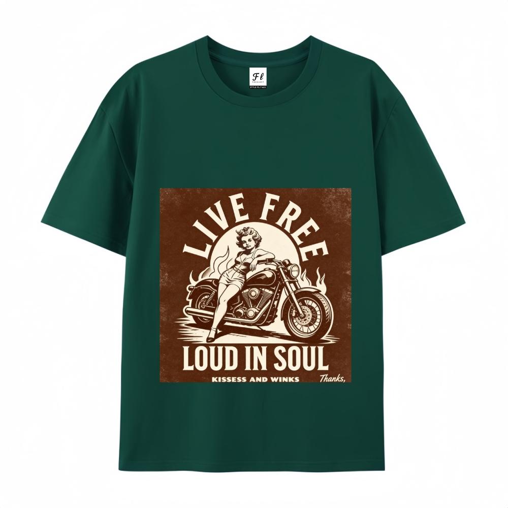 Live Free Loud In Soul Retro Biker Graphic Tee Vintage Motorcycle Pin Up Print Casual Streetwear For Men