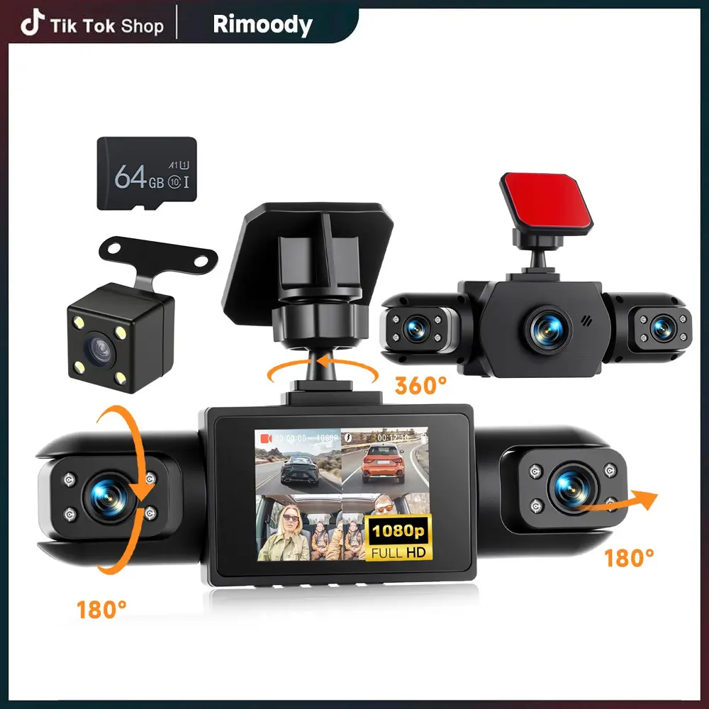 RIMOODY 4-Channel Car Dash Camera - 1080P HD Front, Rear, Interior, Left & Right Recording, 2-In Touch Screen, 24/7 Monitoring, 64GB TF Card, Rotatable Design, Rear View Camera, Interior Dashcam, Father's Day Gift