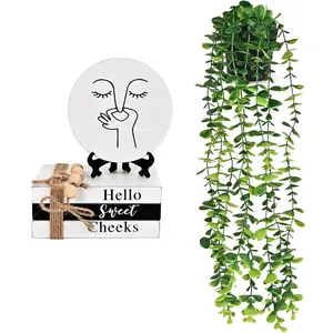 Bathroom Shelf Decor Funny Bathroom Decor Signs,Round Humorous Sign and Book Stack with Fake Plant,Farmhouse Restroom Accessories Decor