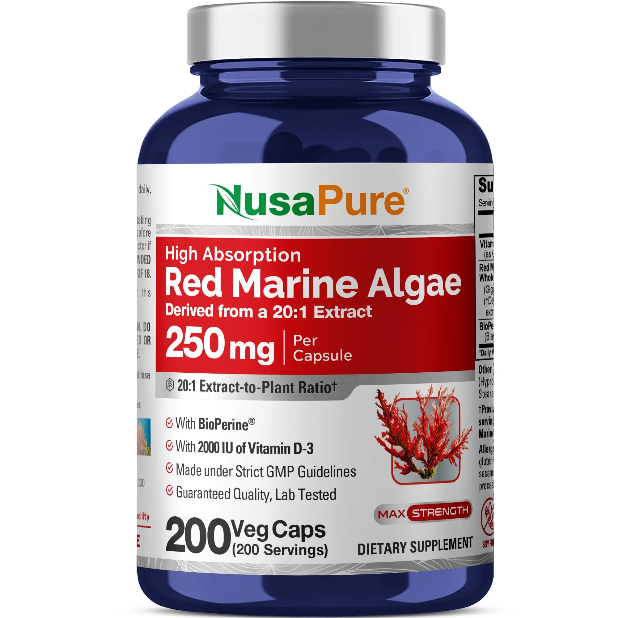 NusaPure Red Marine Algae 20:1 Extract Healthcare Dietary Supplement - 250mg, 200 Veggie Capsules, Natural, Magnesium, Antioxidant, Non-GMO, Soy-Free, Bioperine, GMP-Certified, Ocean-Sourced, Immune Support