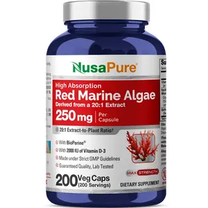 NusaPure Red Marine Algae 20:1 Extract Dietary Supplement - 250 mg, 200 Veggie Capsules, Non-GMO, Soy-Free, Bioperine, Mineral, GMP-Certified, Ocean-Sourced, Immune Support Vitamins Supplements