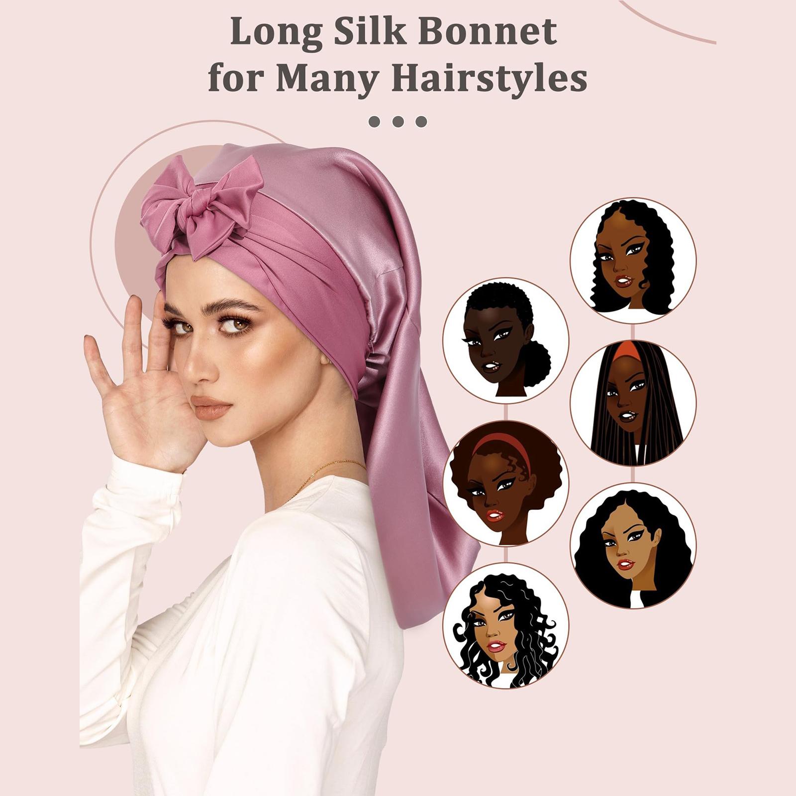 AWAYTR 100% Mulberry Silk Bonnets Long Hair Bonnets Ladies Tie Band Nightcap for Sleeping Haircare Hair Wrap for Braids Curly Hair Gifts Pink Black Headwear
