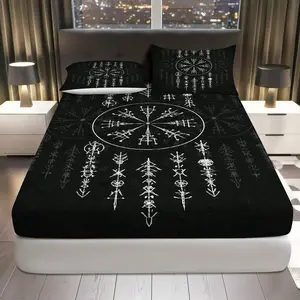 3Pcs Nordic Viking Rune Fitted Sheet Three Piece Set (1*Fitted Sheet+2*Pillowcases, Coreless), Halloween theme, Geometric Symbol Bedding Set, Mattress Protector Soft, Breathable, Geometric Patterns, Decorative Bedsheet Sets