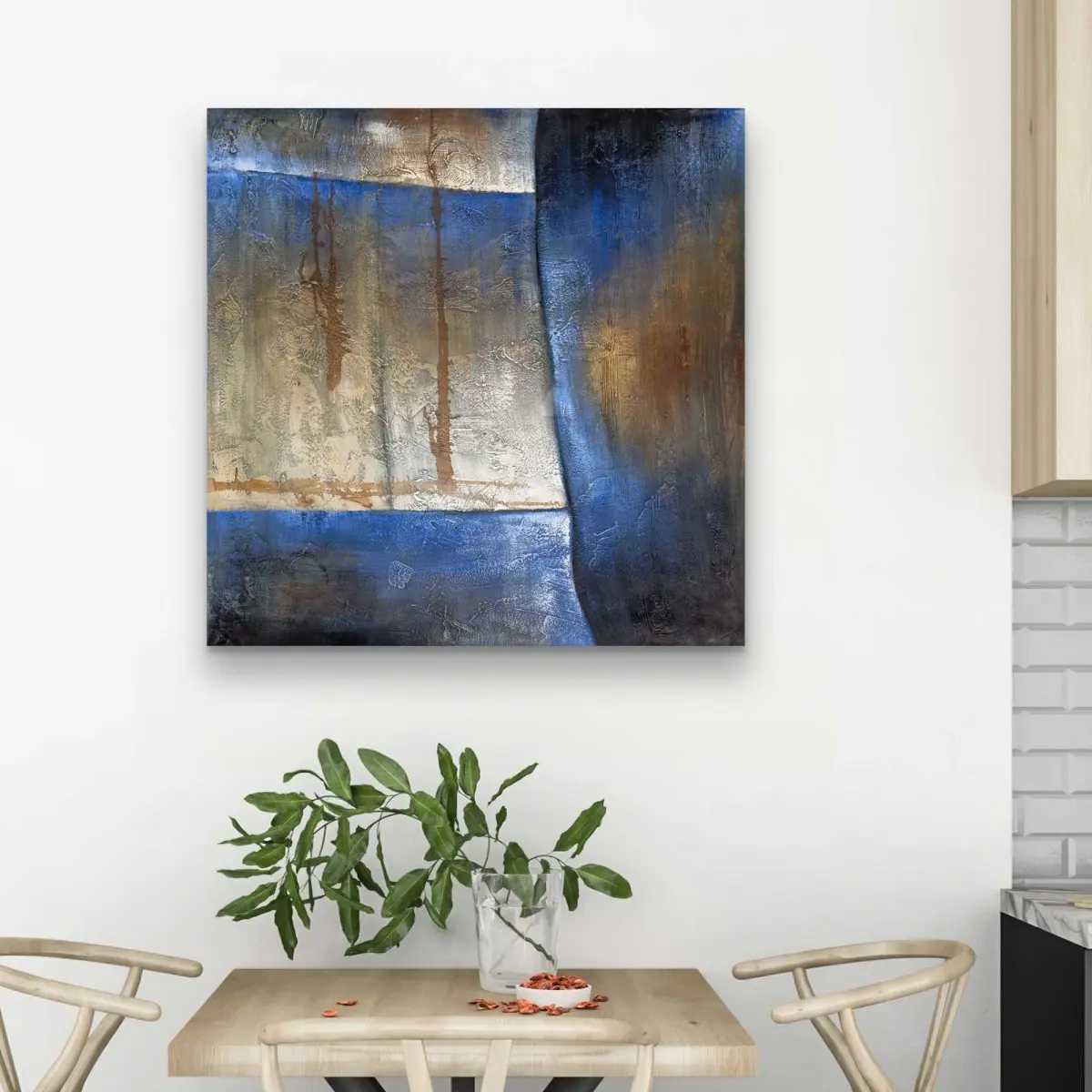 212 MAIN Beige Abstract Wall Art - 32x32 in Minimalist Print with Luminous Blue-Bronze Shapes, Colored Multichromatic Wall Arts for Home Decoration, Room Decor Poster