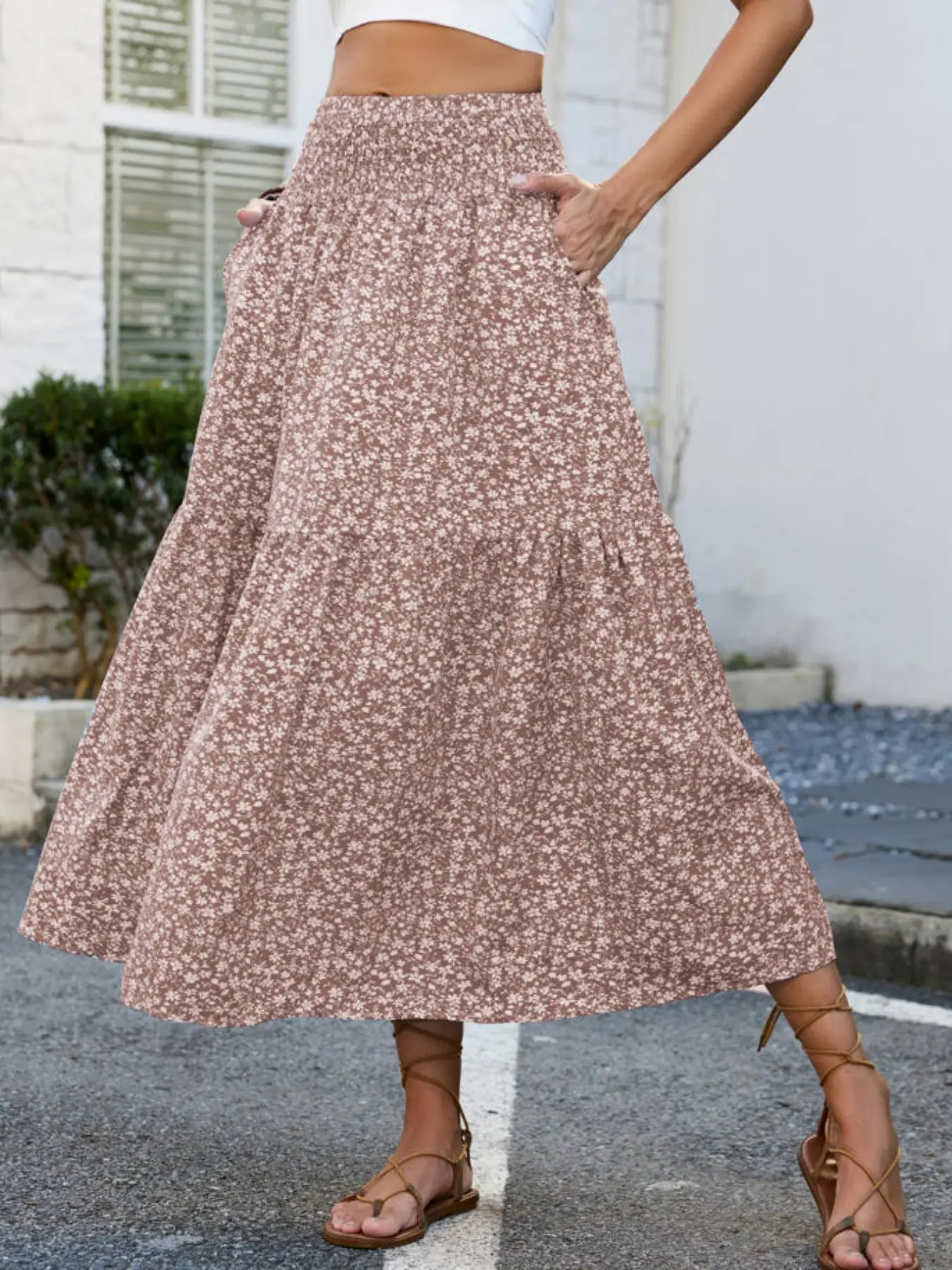 Women's Floral Elastic Waist Pleated Long Floor-Length Skirt