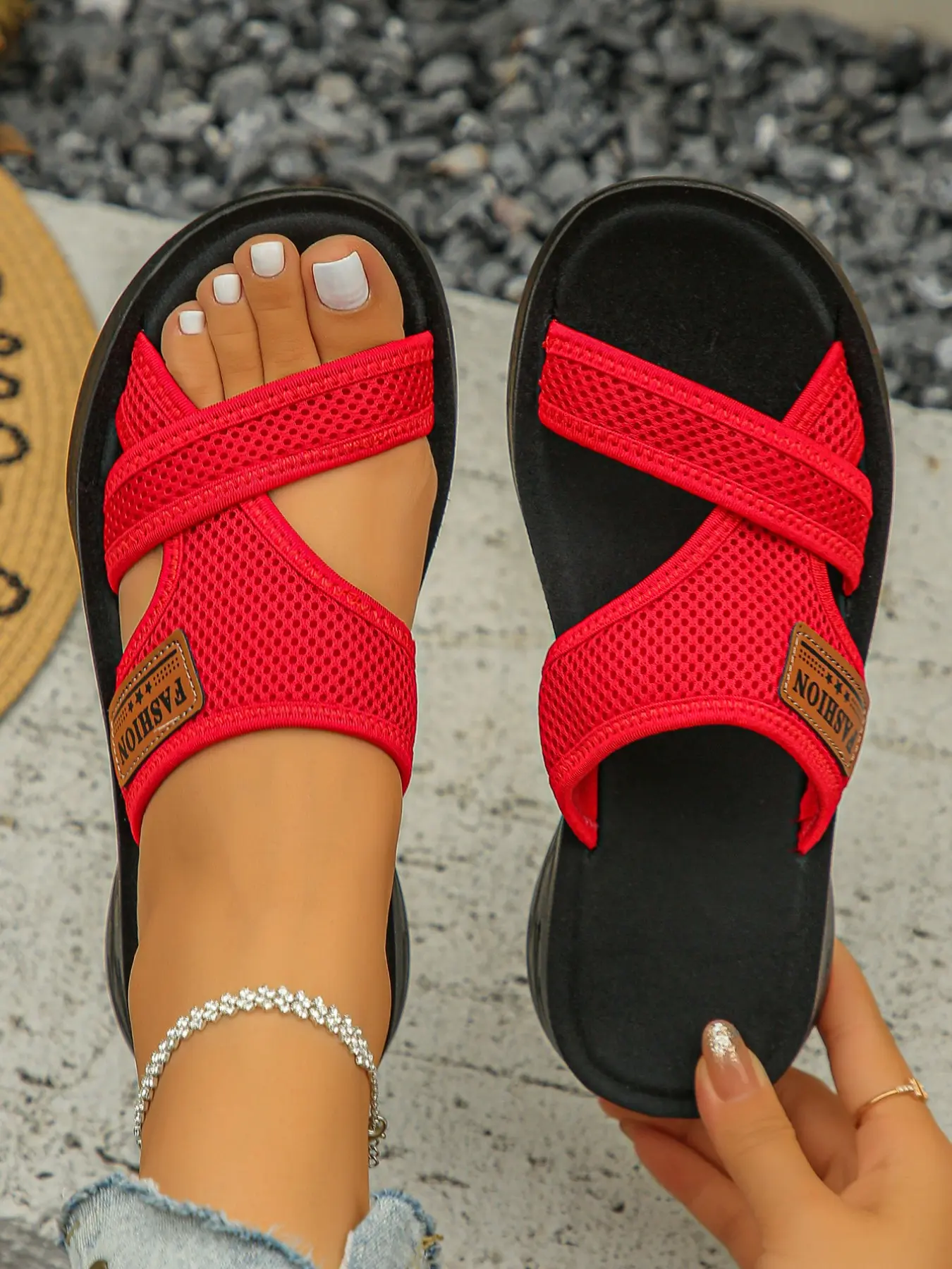 2026 Women's Soft Cloud-Like Mesh Sandals, Fashion Sandals, Casual Breathable Slides, Flat Summer Sandals, Non-Slip Casual Slippers, Comfortable Rubber Sole, Textile Upper, All over Print Design, Summer