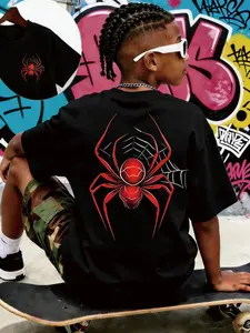 Boys Street Style T-Shirt, Spider Cartoon Print with Web Design, Front & Back Patterns, Casual Summer Top, Essential for Kids, Cool Shirt